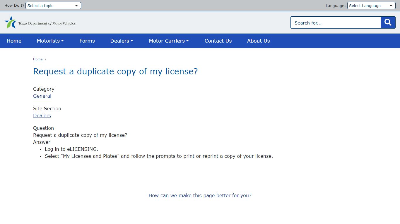 Request a duplicate copy of my license? | TxDMV.gov