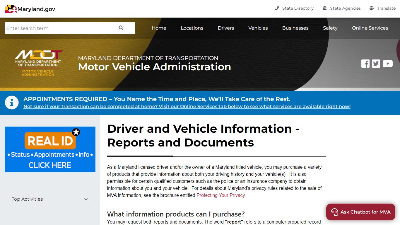 Driver and Vehicle Information - Reports and Documents - Pages - MVA